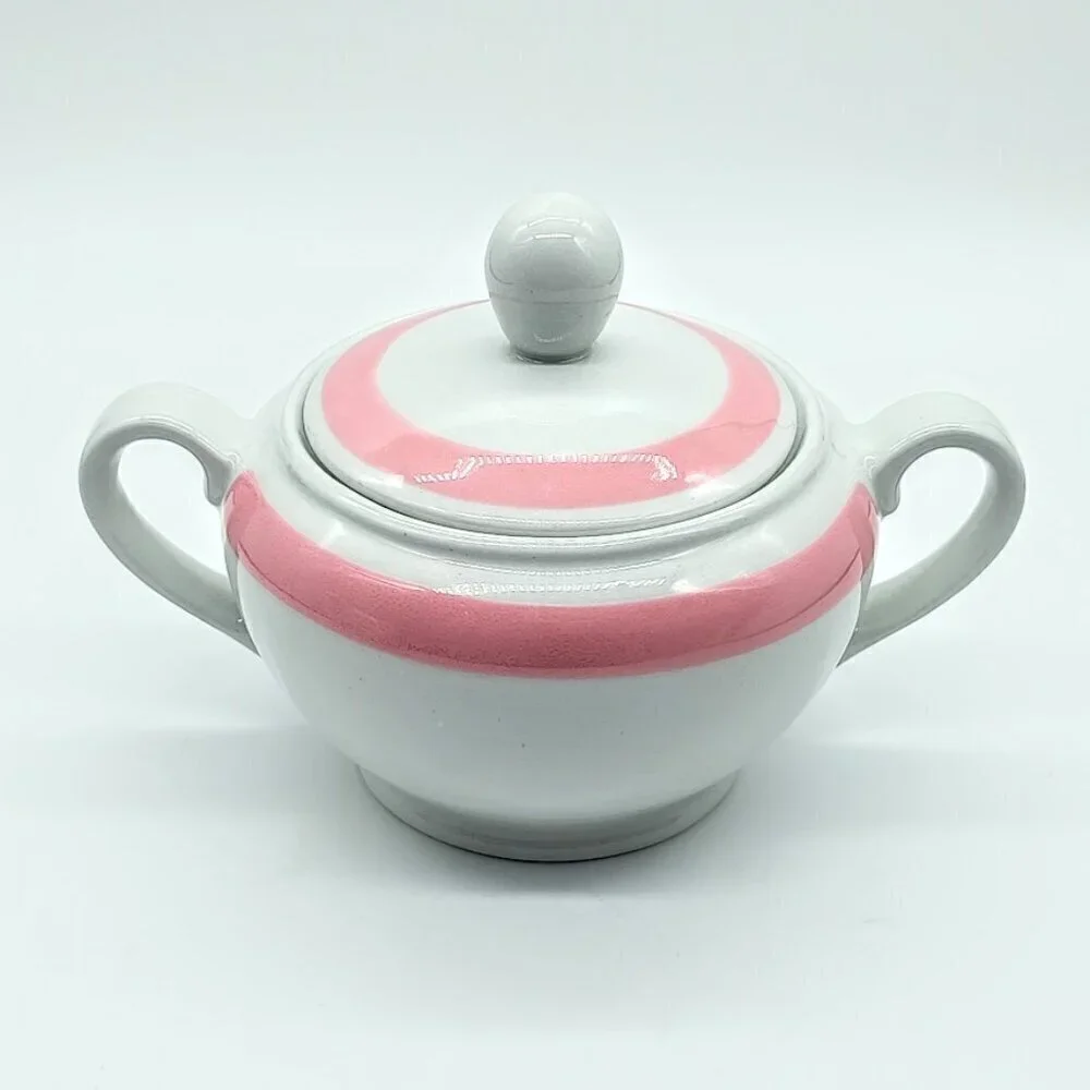 Arabia Finland Ribbons Pink Covered Sugar Bowl & Creamer Pitcher Set